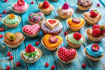 Delicious Cakes & Fabric Hearts on Blue Wood: Sweet Valentine's Day Stock Photo