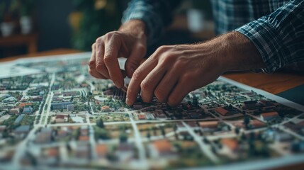 Naklejka premium Hands of a real estate agent are directed on a city map, concept: real estate investment, 16:9