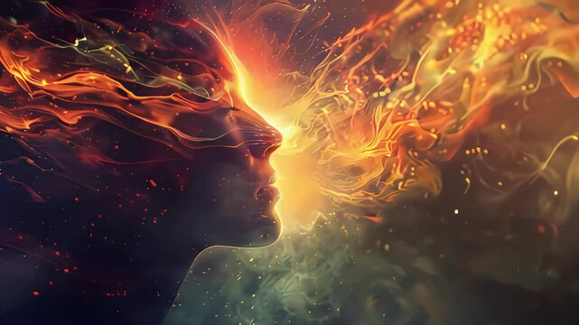 Video of a face merging into fiery light, with swirling patterns on a dark background. Concept of energy and transformation Concept of global thinking, mental health and emotional intelligence