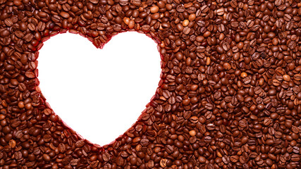 An array of dark roasted coffee beans neatly arranged with a heart-shaped cutout at the center leaving a white space. The image symbolizes love for coffee.