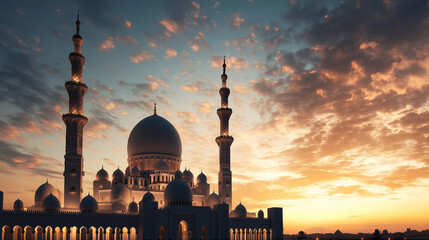 Naklejka premium photorealistic Islamic mosque, The background sky has a gradient from night, with small clouds scattered around. there is lighting and spotlight the mosque