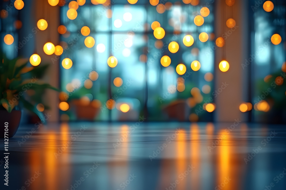 Poster blurred hotel lobby with bokeh lights creates a warm and inviting atmosphere, perfect for use as a b