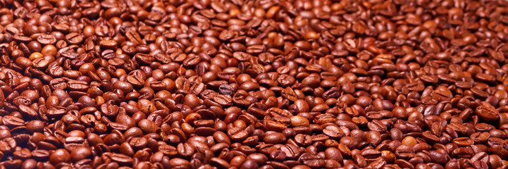 A detailed image showcasing a layer of rich brown roasted coffee beans, highlighting their texture...
