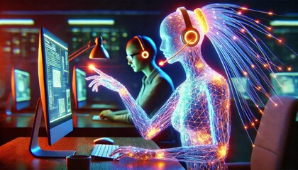 An online virtual assistant chatbot acts as a female AI agent, providing customer service support as an AGI powered agentic representative assistant in the future of singularity and robot autonomy