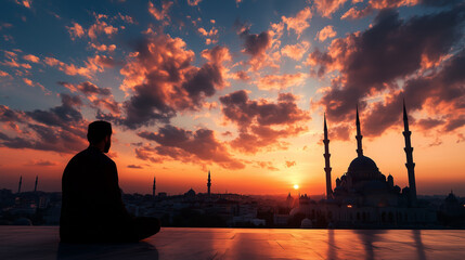 photorealistic Islamic mosque, The background sky has a gradient from night, with small clouds scattered around. there is lighting and spotlight the mosque