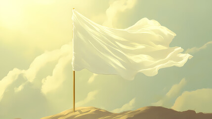 A plain white flag waving gently in the wind on a gold pole. Windshard. Illustration