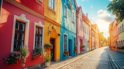 Fototapeta premium A row of colorful historic buildings in a quaint European street, warm sunlight highlighting architectural details, inviting and picturesque atmosphere