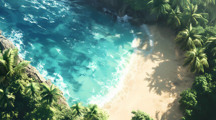 Obraz premium A stunning aerial view of a tropical beach with crystal clear water and lush palm trees lining the shore. Windshard. Illustration