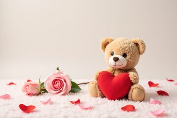 Background Copy-space for text. A cute teddy bear holding a heart sits on a soft surface, surrounded by Valentine's Day decorations like rose petals and small love notes