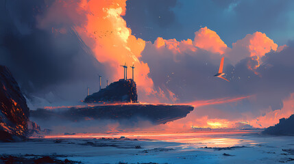 Fototapeta premium A wind farm at dusk turbines spinning in the wind. Windshard. Illustration