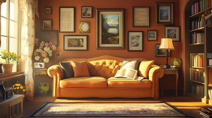A warm haven features a honey-toned sofa, perfect for snuggling up with a good book near the windward. Windshard. Illustration
