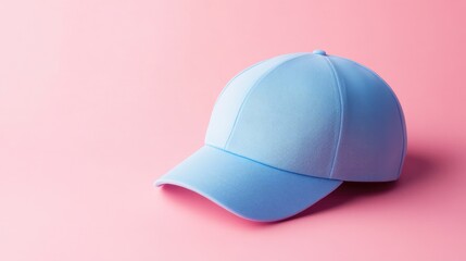 Fototapeta premium A blue cap resting on a soft pastel pink background, with gentle light highlighting its details.