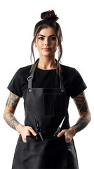 Confident female hairstylist with tattoos, wearing an apron and holding scissors, exuding professionalism. Isolated on transparent white background, png