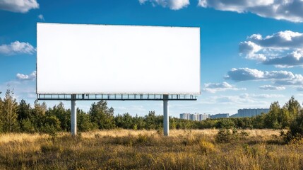 Large, empty billboard with clean, white surface standing in an open field.