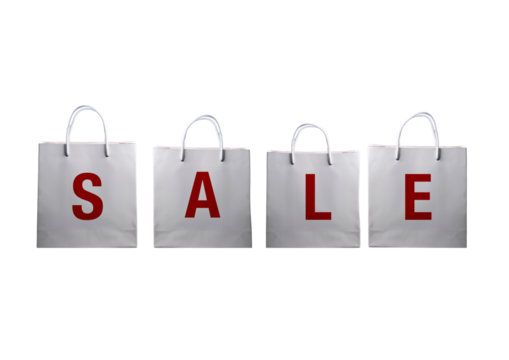 Bolsas blancas con texto en rojo de rebajas sale para marketing tienda online fondo trasparente ofertas - Powered by Adobe