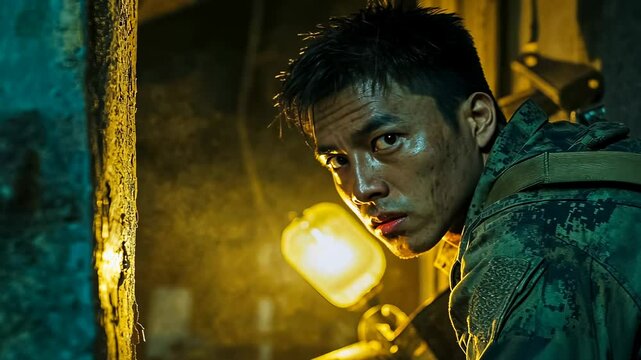 A young Asian man, dressed in military uniform, appears tense and alert in a poorly lit environment, suggesting a covert operation or intense surveillance task. His focused gaze adds a dramatic