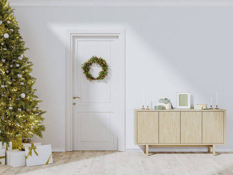 Home interior decorated for Christmas, 3d render