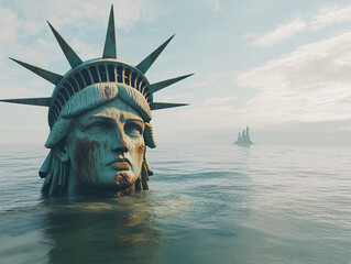 Rustic Decaying Statue Liberty Partially Submerged Coastal Bay Weathered Icon Misty Atmosphere Symbolic Time Erosion Subtle Ocean Waves Natural Decay USA America NY new york end world disaster flood