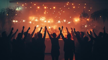 Celebration with sparklers as people gather together at an indoor party in the evening. Generative AI