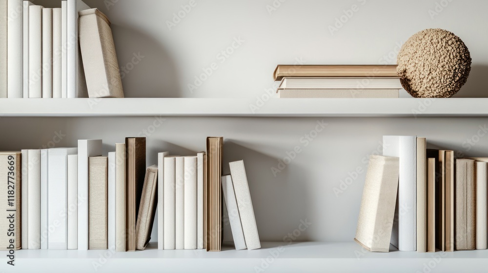 Poster minimalist bookshelf arrangement featuring decorative object and varied book spines in soft neutral 