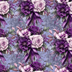 watercolor seamless pattern with roses, bougainvillea, bouquets, flowers and leaves. hand painted background