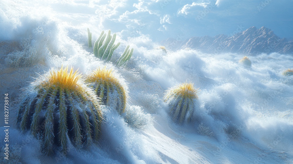 Poster cactus landscape with clouds and mountains under soft light during the day. generative ai
