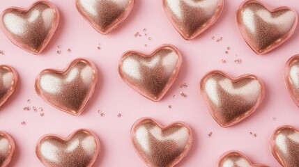 Obraz premium A chic Valentine's theme with minimalist heart shapes in rose gold on a pale pink backdrop, accented with subtle sparkles