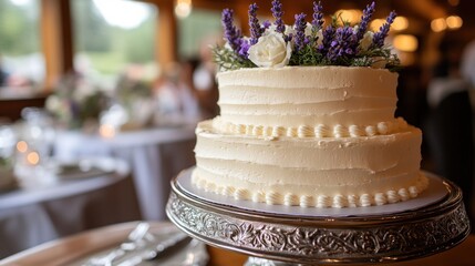 Two-tiered wedding cake, lavender, rustic venue