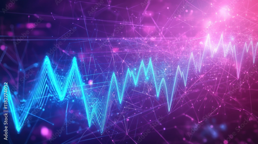 Poster colorful digital waveform visualization with glowing effects and intricate patterns in a futuristic 