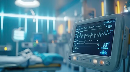 Fototapeta premium High-tech ECG monitor displaying vital signs in a hospital room.