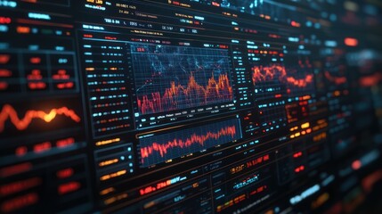 Obraz premium Digital interface displaying financial data and market trends with graphs and charts.