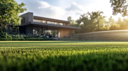 Lush green lawn being watered in the afternoon sunlight near a modern residential home. Generative AI