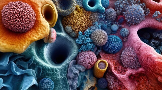 Colorful microscopic view showcasing diverse cellular structures and patterns in a biological sample. Generative AI