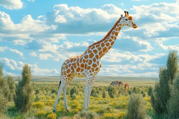 Fototapeta premium Giraffe stands gracefully in a vibrant green savannah under a bright blue sky with fluffy clouds. Generative AI