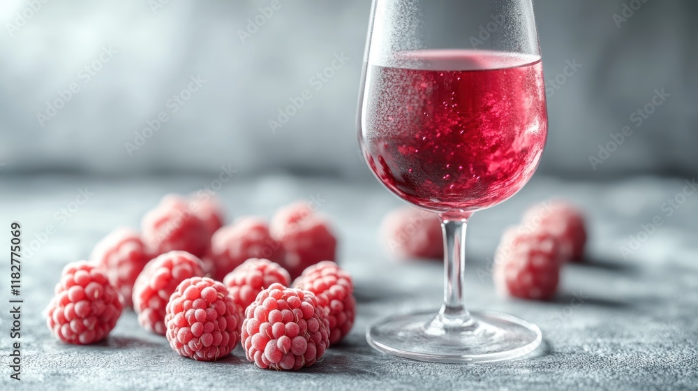 Poster refreshing raspberry drink served in a glass beside fresh raspberries on a textured surface. generat