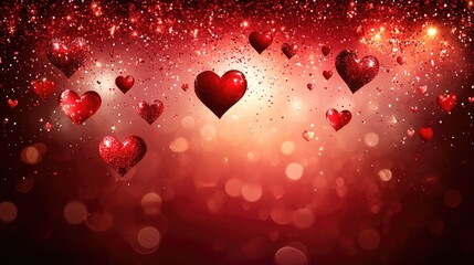 Obraz premium A deep red gradient Valentine's theme with a subtle shimmer effect, tiny scattered hearts, and a glowing central light for warmth
