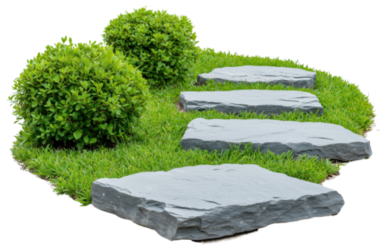 Natural stepping stone pathway on lush green grass with trimmed bushes.