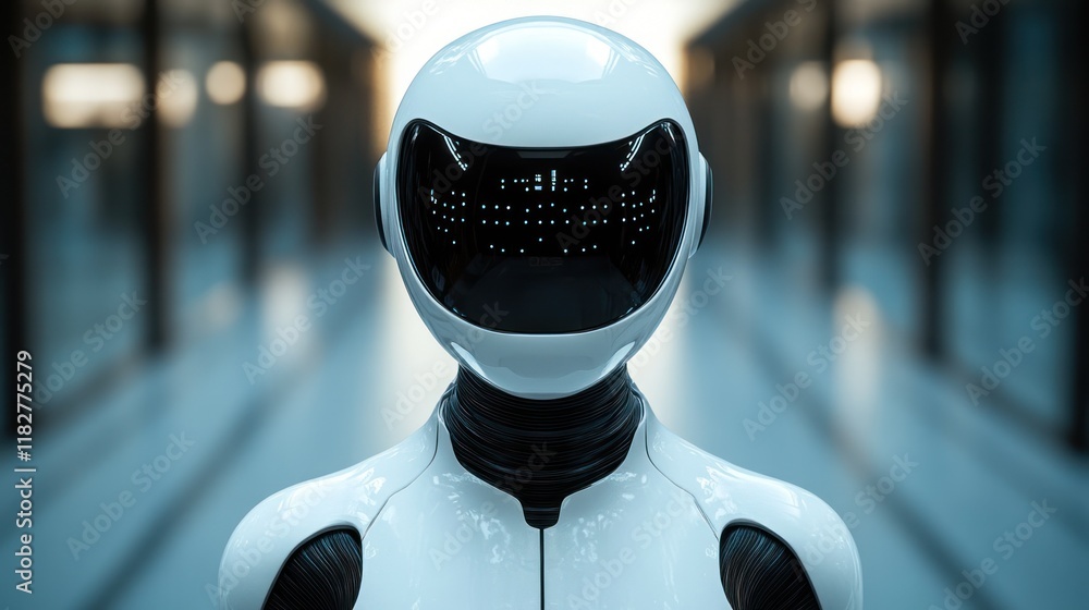 Poster futuristic humanoid robot with sleek design in a modern indoor setting illuminated by soft lights. g