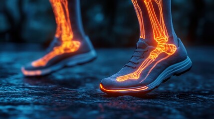 Running with highlighted anatomy shows the skeletal system in motion on a dark urban background. Generative AI
