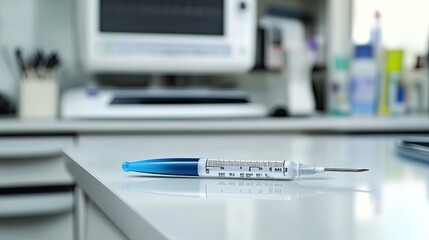 Digital thermometer on a spotless white counter in a medical setting.