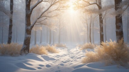 Golden volumetric light beaming through frosty snowy forest