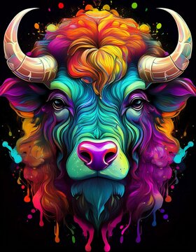 t&ecirc;te de buffle ou taureau d&eacute;cor&eacute;e de couleurs vives et de peinture en ia