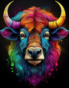 t&ecirc;te de buffle ou taureau d&eacute;cor&eacute;e de couleurs vives et de peinture en ia
