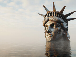 Decaying Statue Liberty Partially Submerged Misty Water Rusted Relic Fog Atmospheric Scene Erosion Tranquility Historic Symbolism Somber Visual Aesthetic end world great flood new york usa america