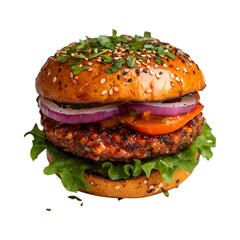 Harissa Spiced Plant-Based Burger with Lettuce and Onions Isolated on Transparent Background