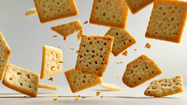 Crackers falling in the air. Cookies, pieces, falling, crumbling, biscuits, brown. A biscuit is crumbling on a table and falling on the floor. A crumbling piece of lifestyle brown biscuits cookie.