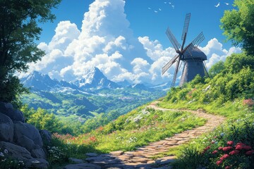 Delft Blue White Windmill Landscape Tranquil Scene Hand-Painted Illustration Vintage Art Decor