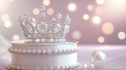 A glittering diamond crown inside an elegant pearl-finished box on a gradient of lavender and gray.
