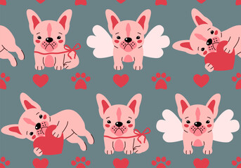 Seamless pattern for Valentine's day greeting card with French bulldog puppy. Cute design. Vector illustration. Dog. Funny french bulldog puppy. Cute background texture