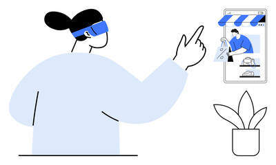 Person wearing VR headset points to smartphone with online store, shopping bag, sale tag, and products. Ideal for technology, e-commerce, innovation, user experience, digital marketing future